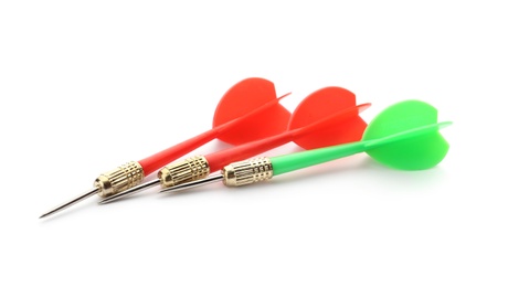 Photo of Sharp red and green darts isolated on white