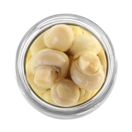 Photo of Open jar with pickled champignons on white background, top view
