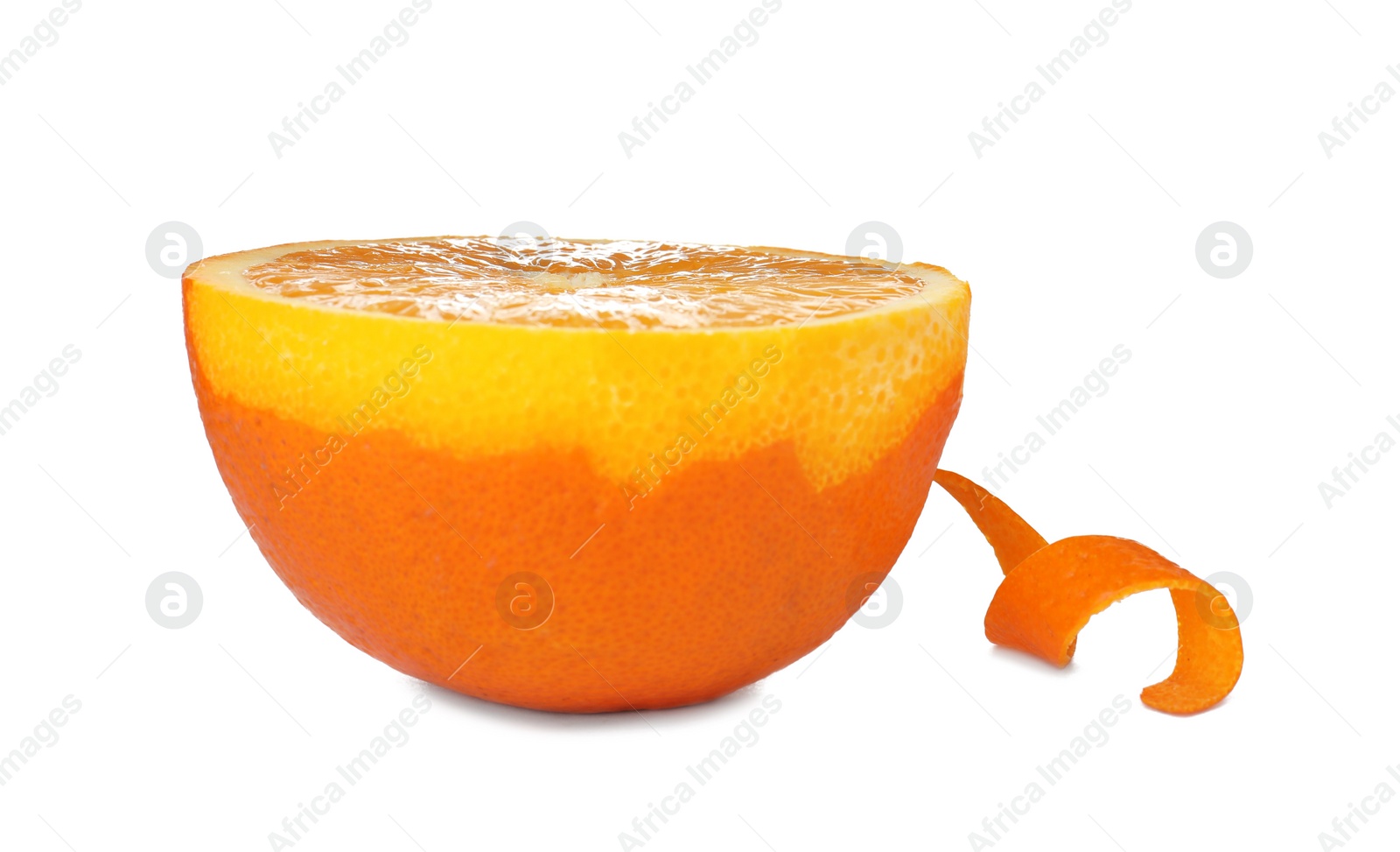 Photo of Fresh orange half on white background. Healthy fruit