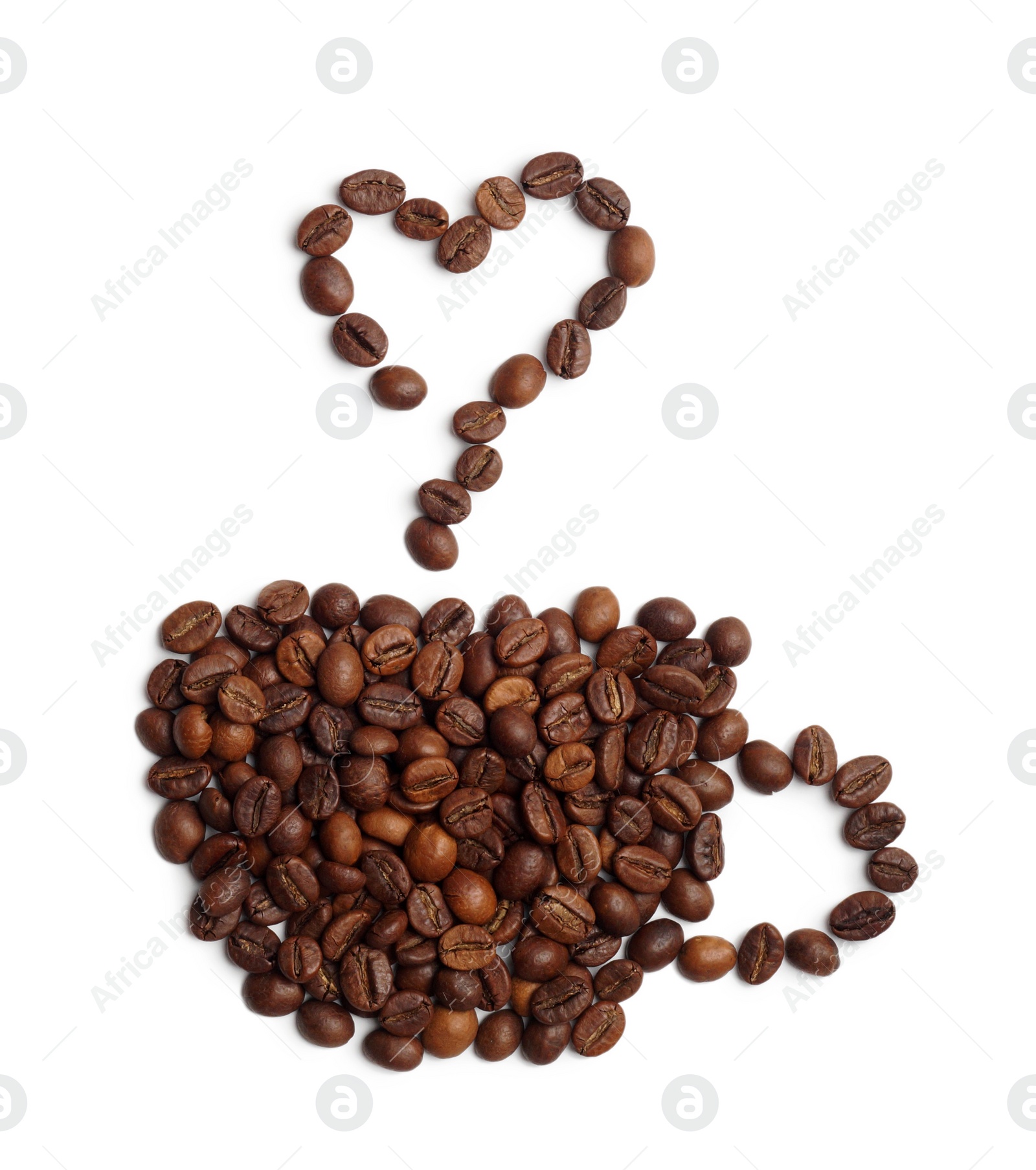 Photo of Cup of hot drink, composition made with coffee beans isolated on white, top view