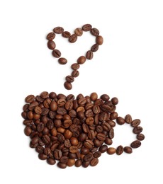 Cup of hot drink, composition made with coffee beans isolated on white, top view