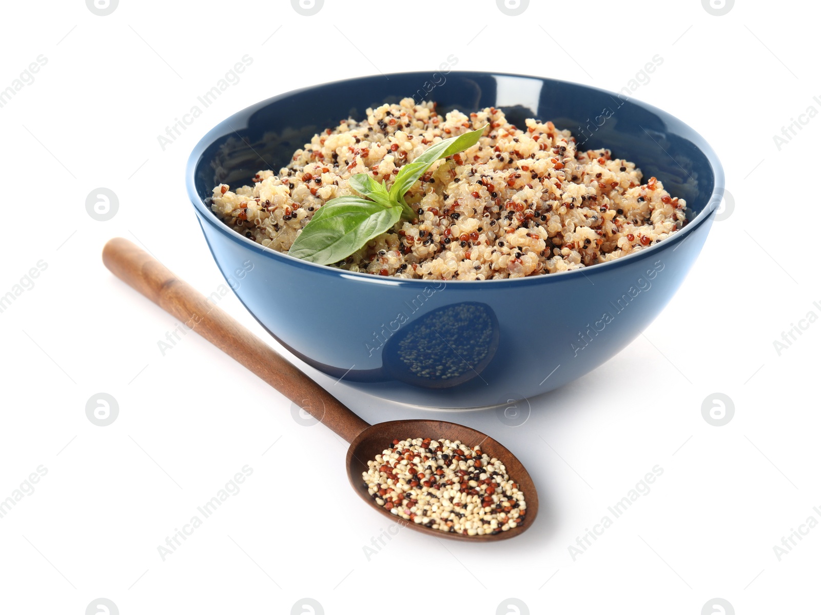 Photo of Composition with cooked quinoa in bowl isolated on white