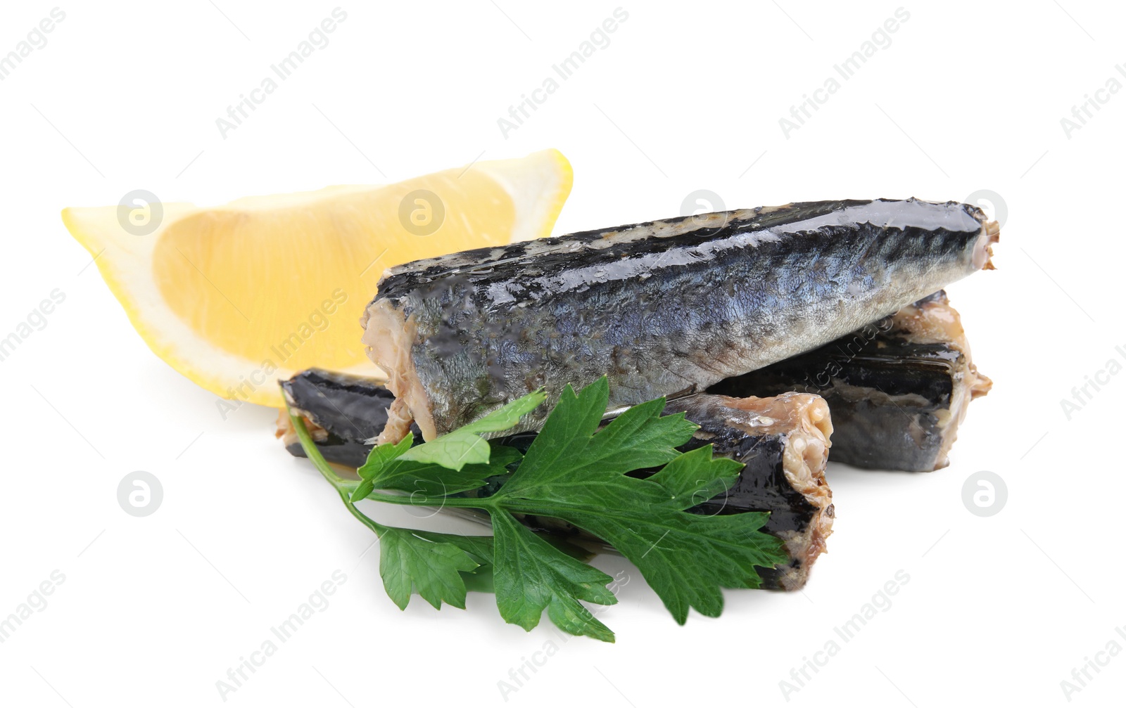 Photo of Canned mackerel fillets with parsley and lemon on white background