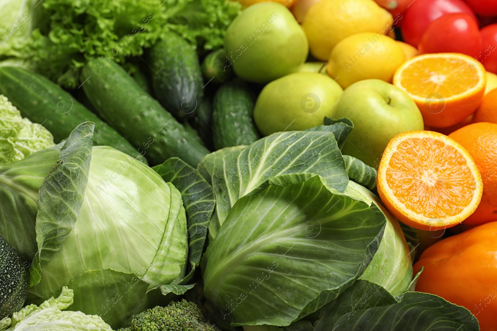 Photo of Colorful ripe fruits and vegetables as background, closeup