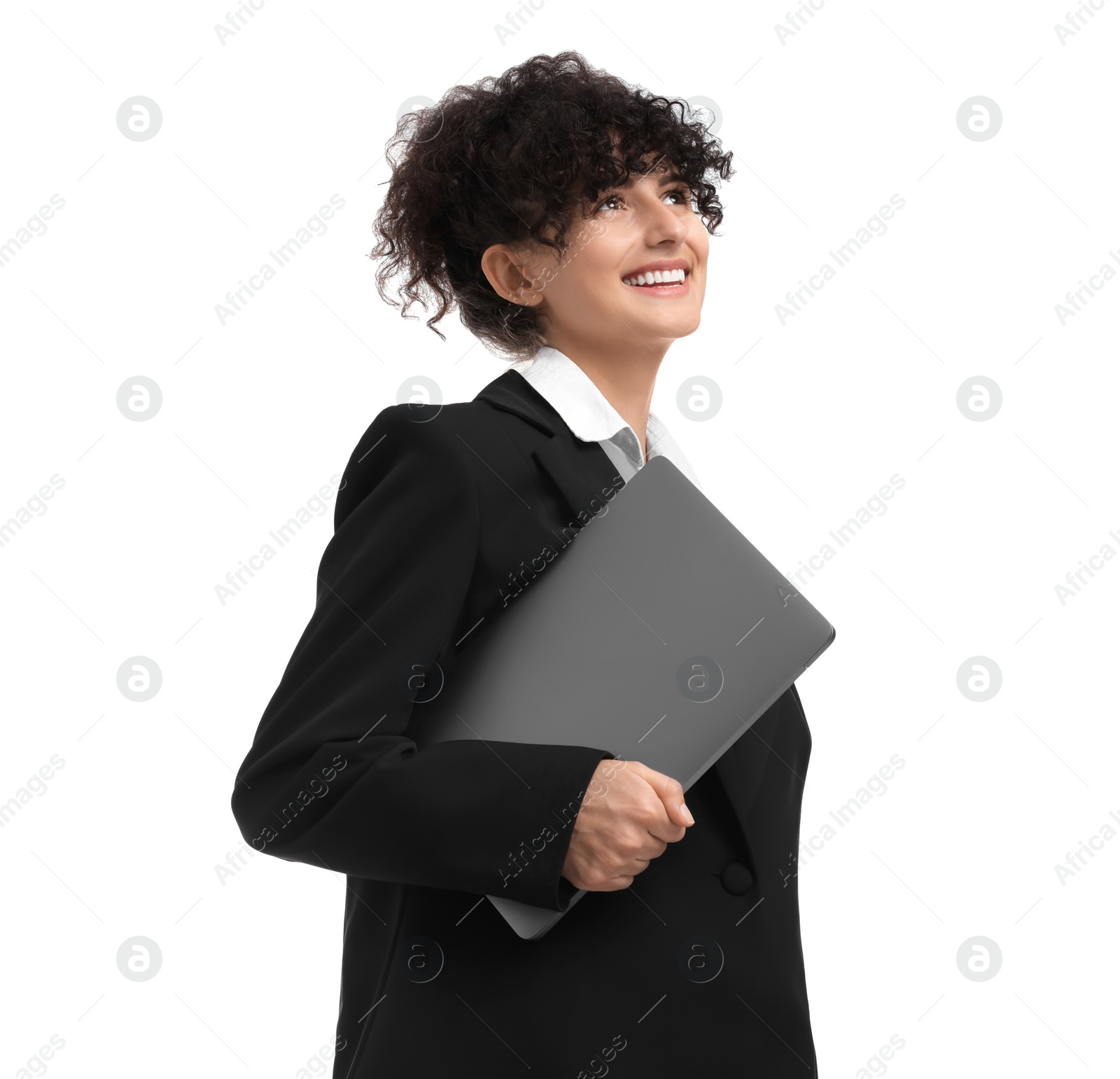 Photo of Beautiful happy businesswoman with laptop on white background