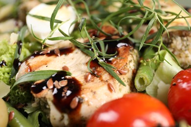 Tasty chicken, boiled egg and vegetables with tarragon, closeup