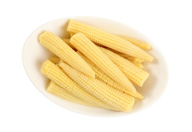 Photo of Fresh baby corn cobs on white background, above view