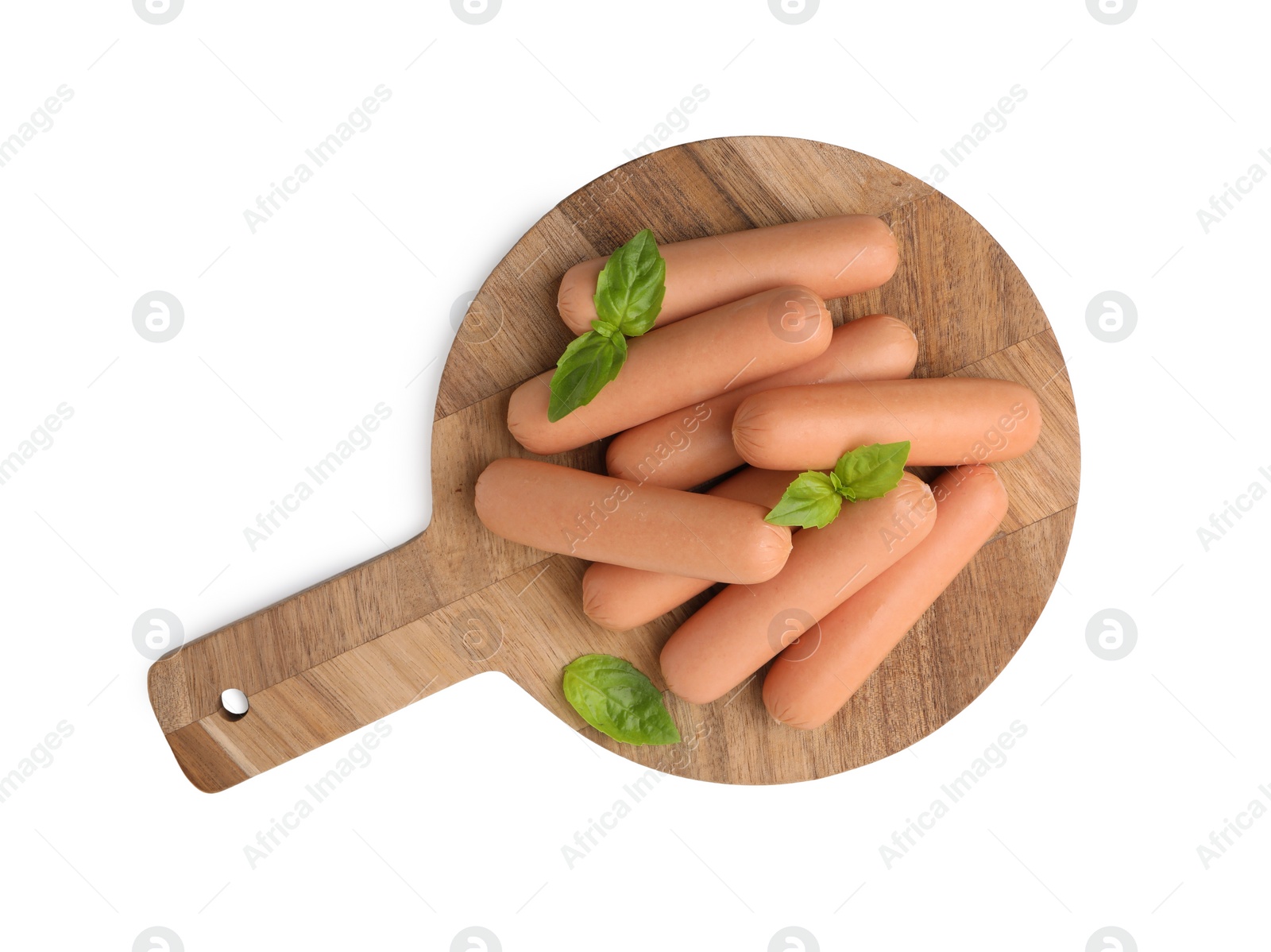 Photo of Delicious boiled sausages and basil isolated on white, top view