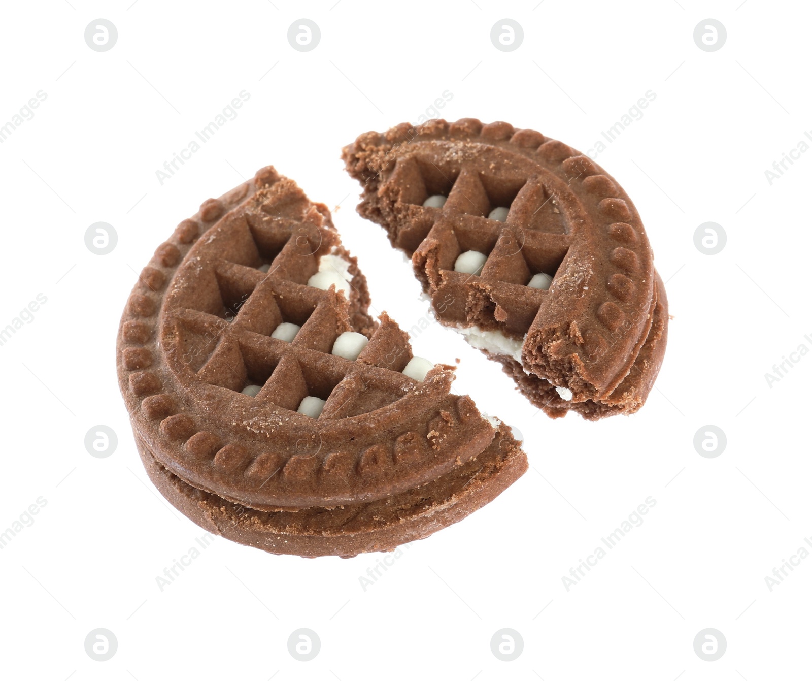 Photo of Broken tasty chocolate sandwich cookie with cream on white background