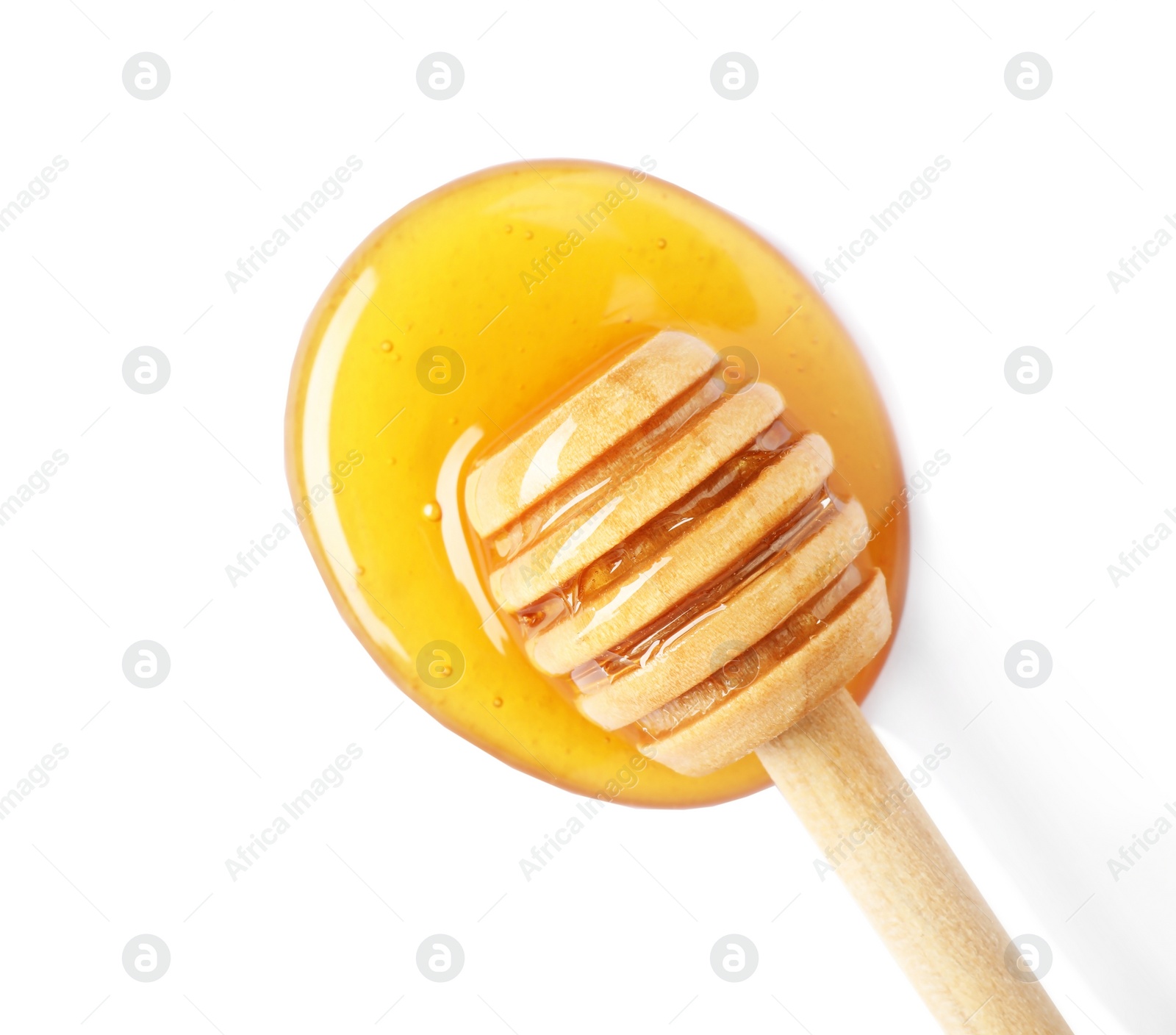 Photo of Delicious honey and dipper on white background, top view