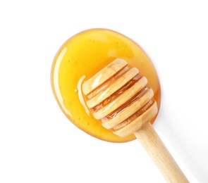 Photo of Delicious honey and dipper on white background, top view