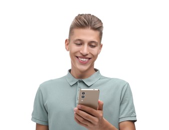 Photo of Happy young man sending message via smartphone on white background