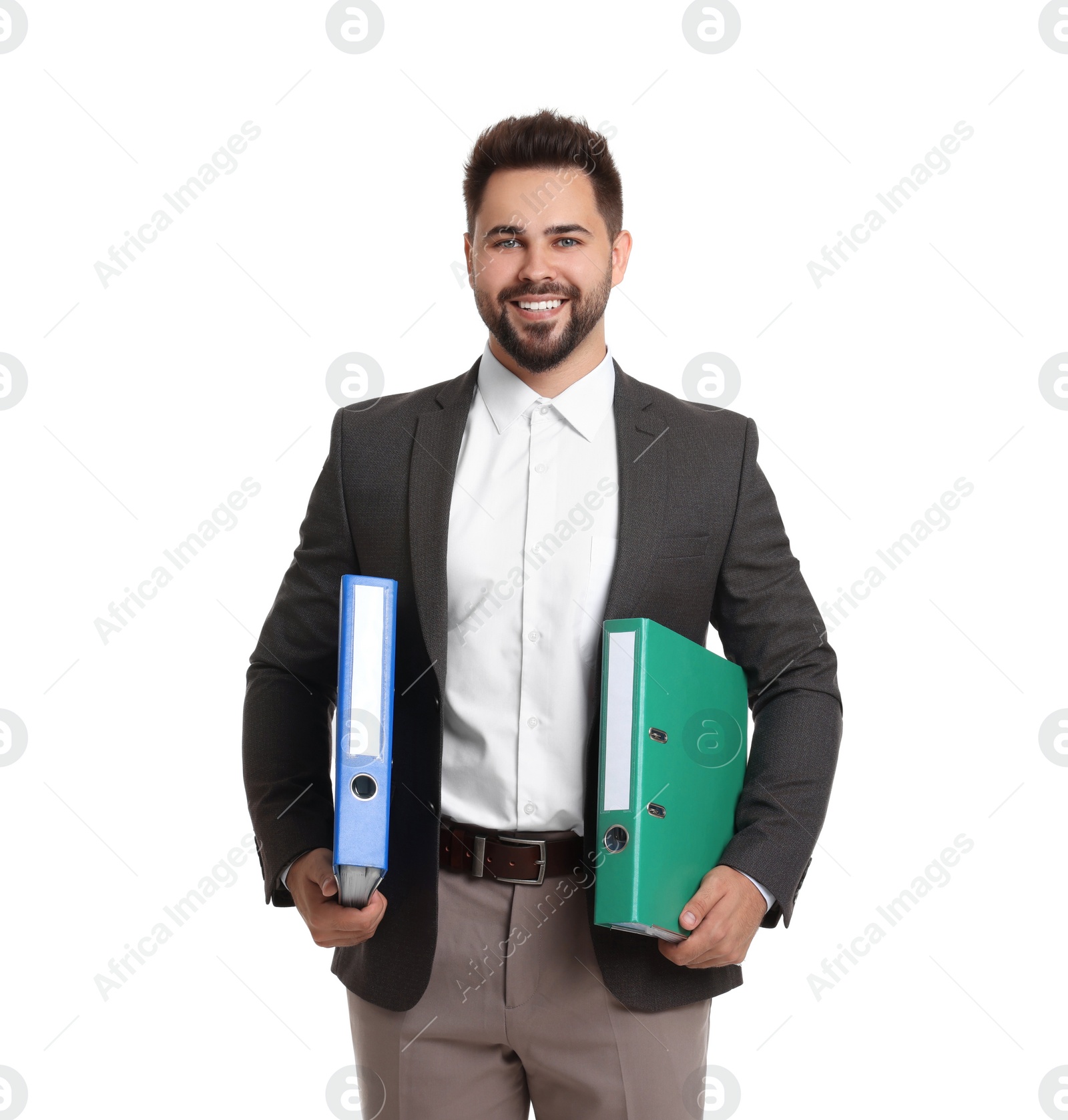 Photo of Happy man with folders on white background