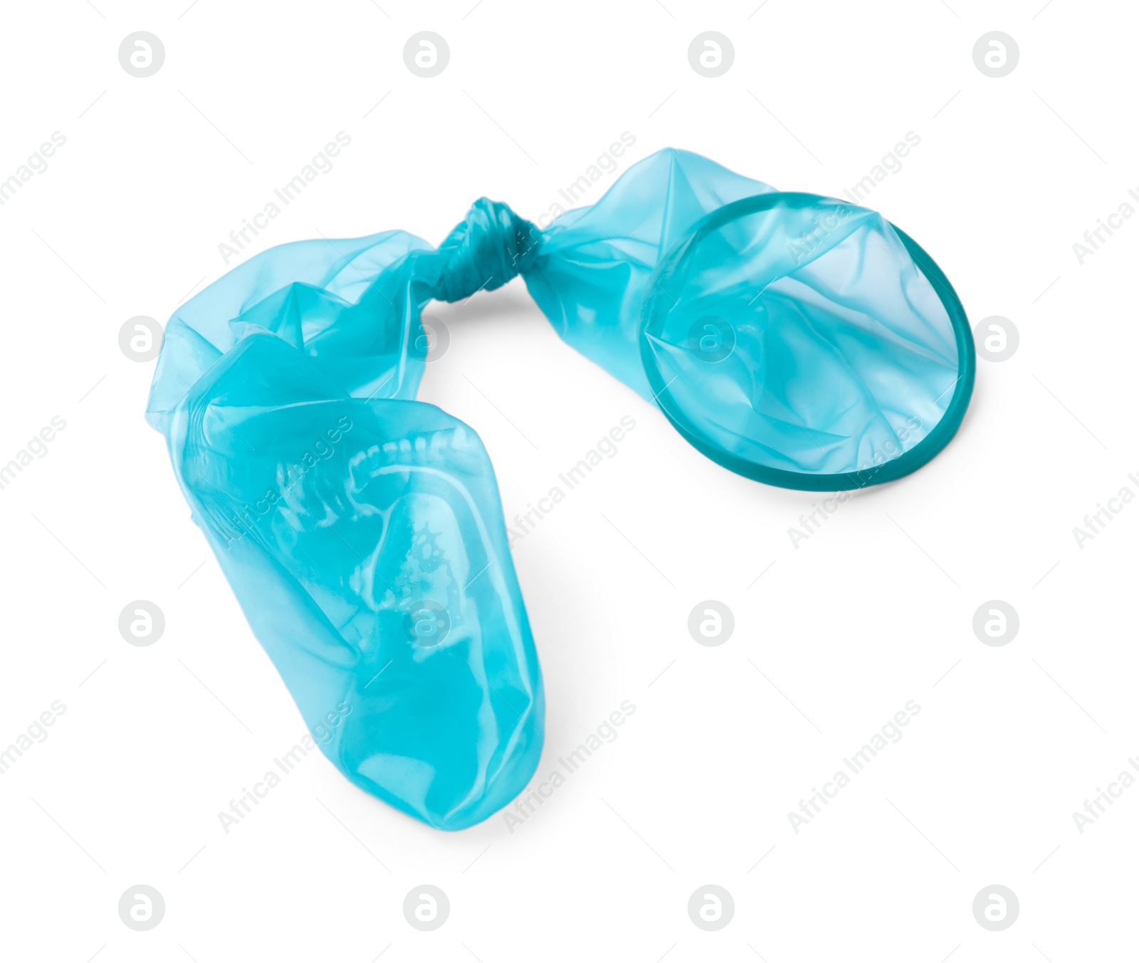 Photo of Blue used condom on white background. Safe sex concept