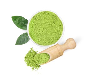 Leaves, bowl and scoop with matcha powder isolated on white, top view