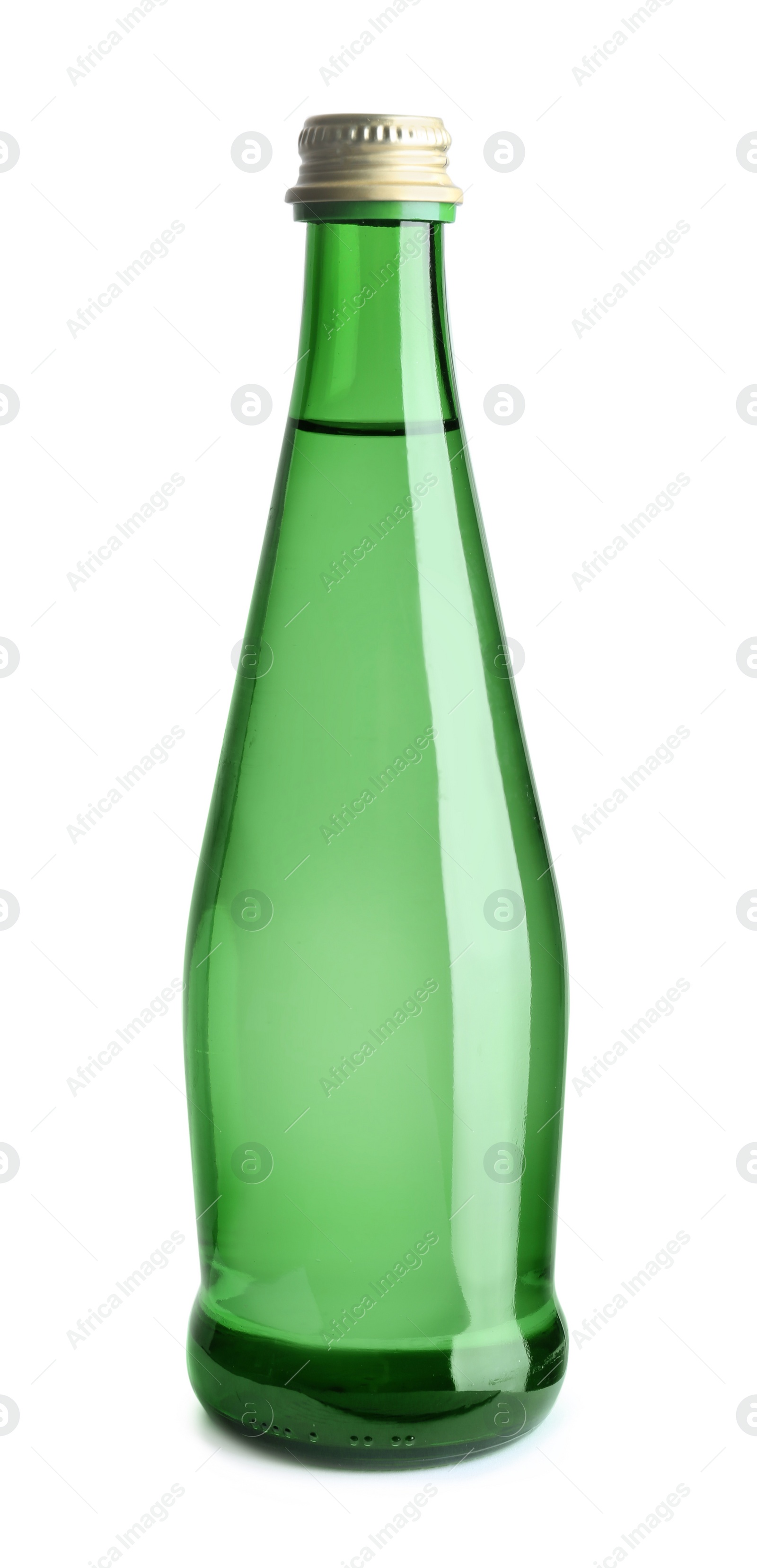 Photo of Green glass bottle with water on white background