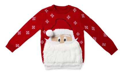 Photo of Christmas sweater with Santa Claus isolated on white, top view