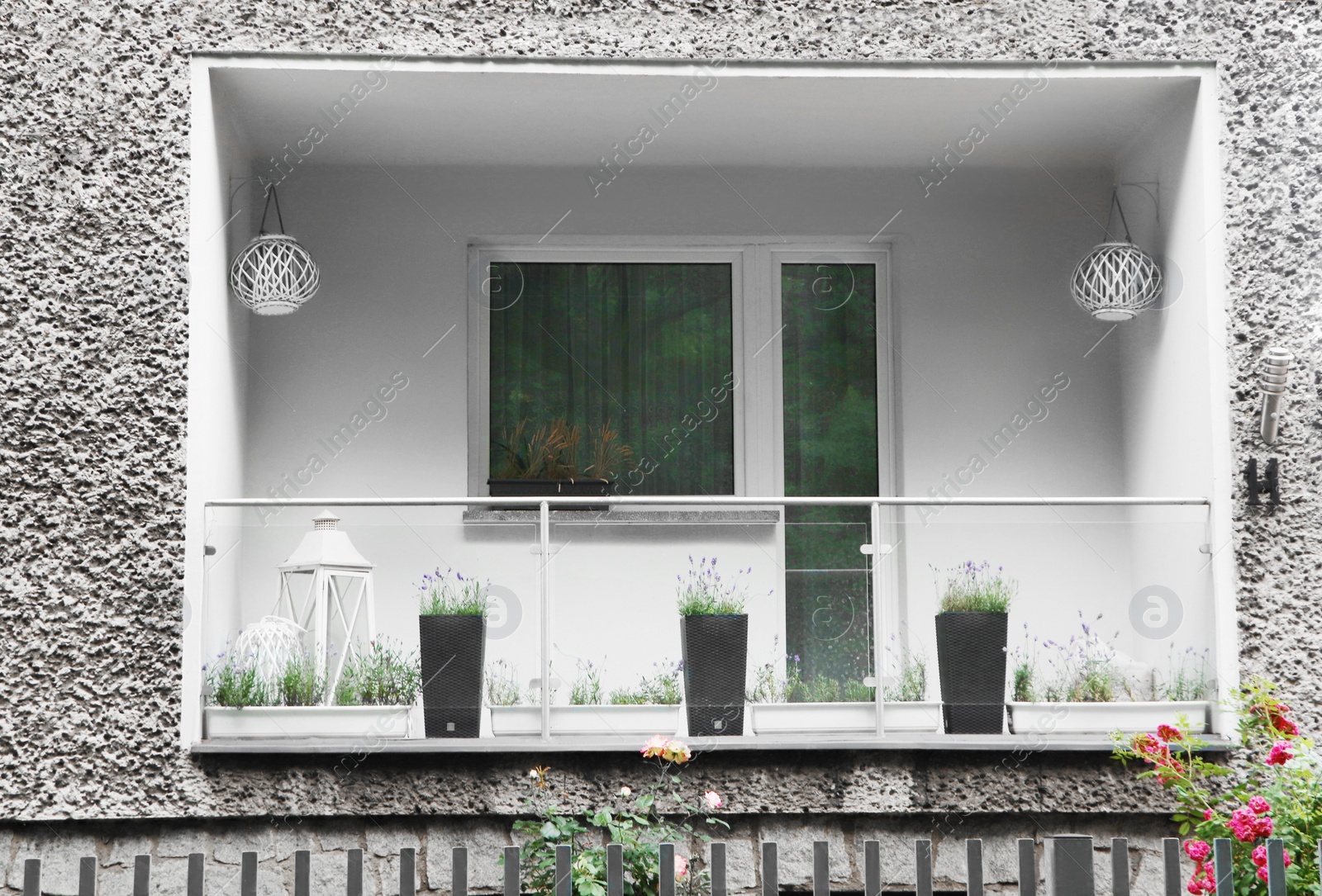 Photo of Balcony decorated with beautiful plants and lanterns