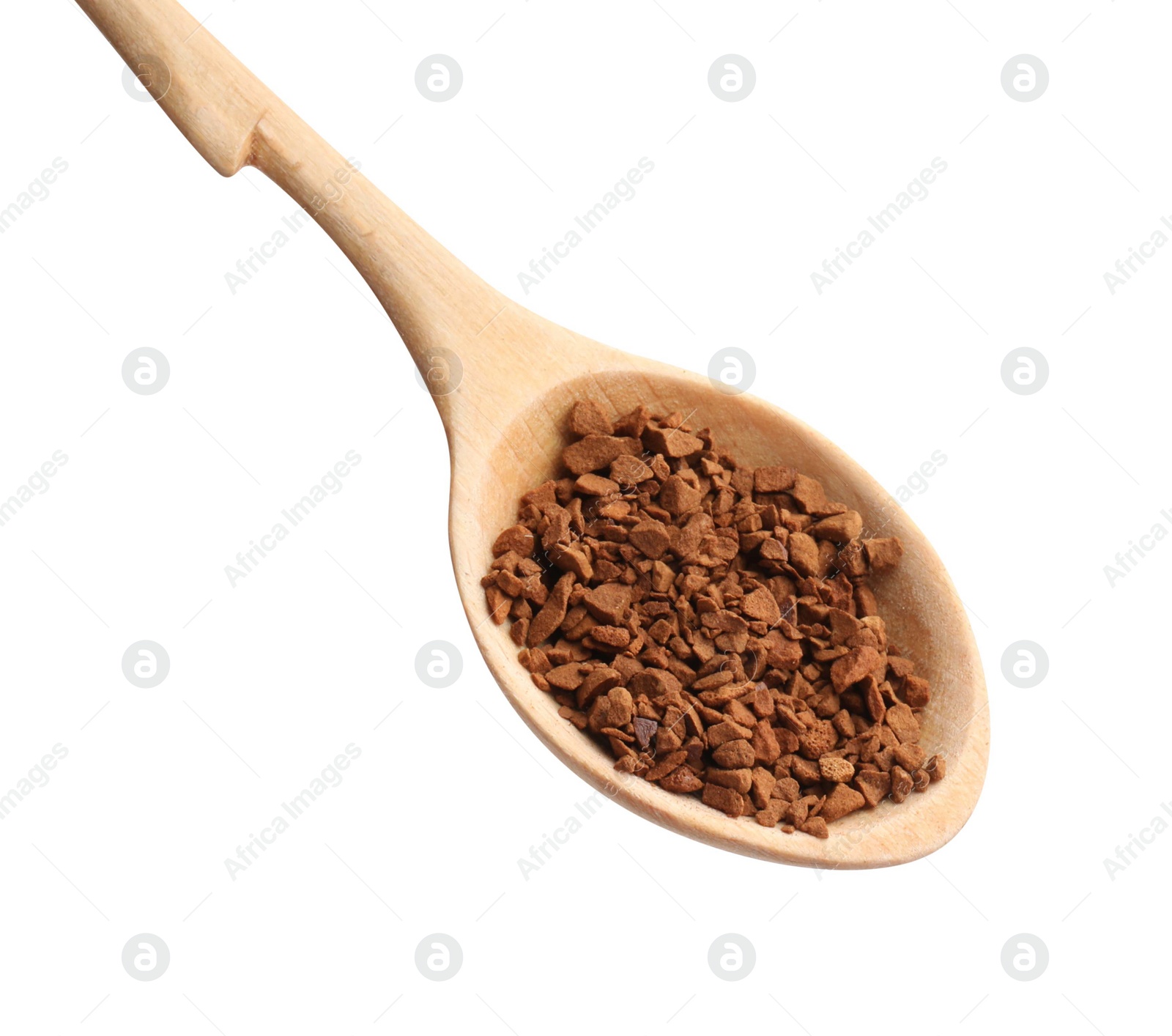 Photo of Wooden spoon with aromatic instant coffee isolated on white