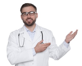 Portrait of young doctor on white background