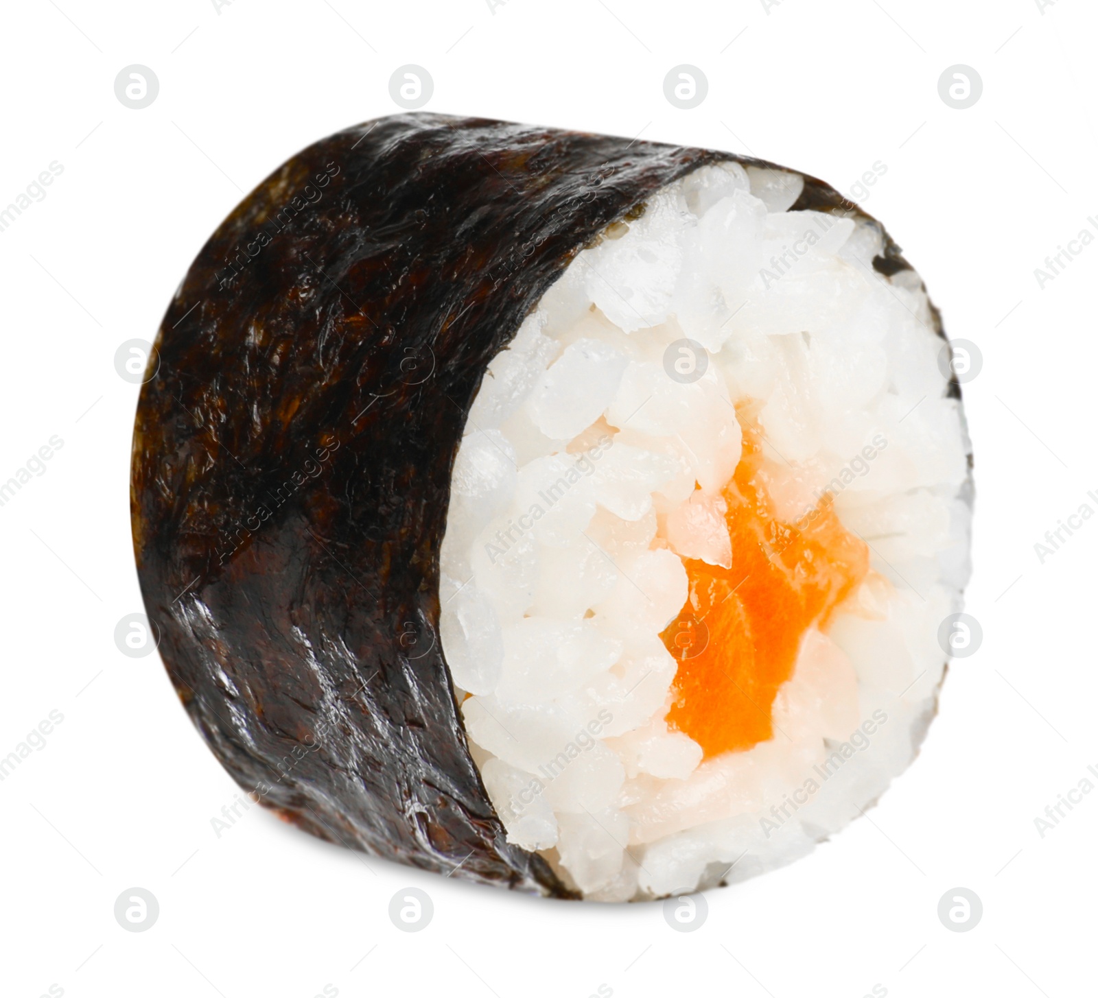 Photo of Delicious fresh sushi roll with salmon isolated on white