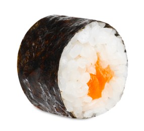 Photo of Delicious fresh sushi roll with salmon isolated on white