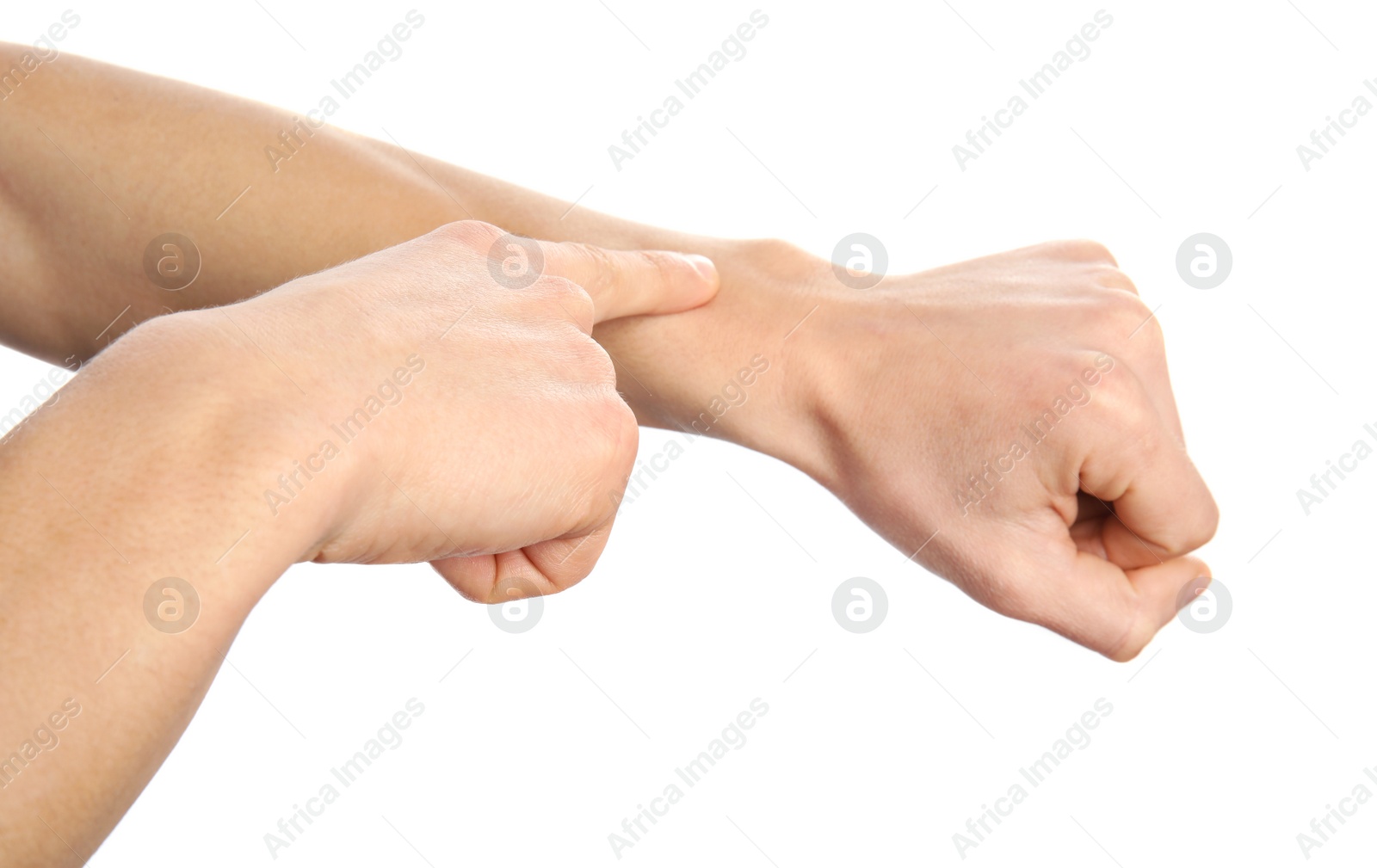 Photo of Man showing word time on white background, closeup. Sign language