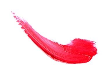 Photo of Stroke of pink lip gloss isolated on white, top view