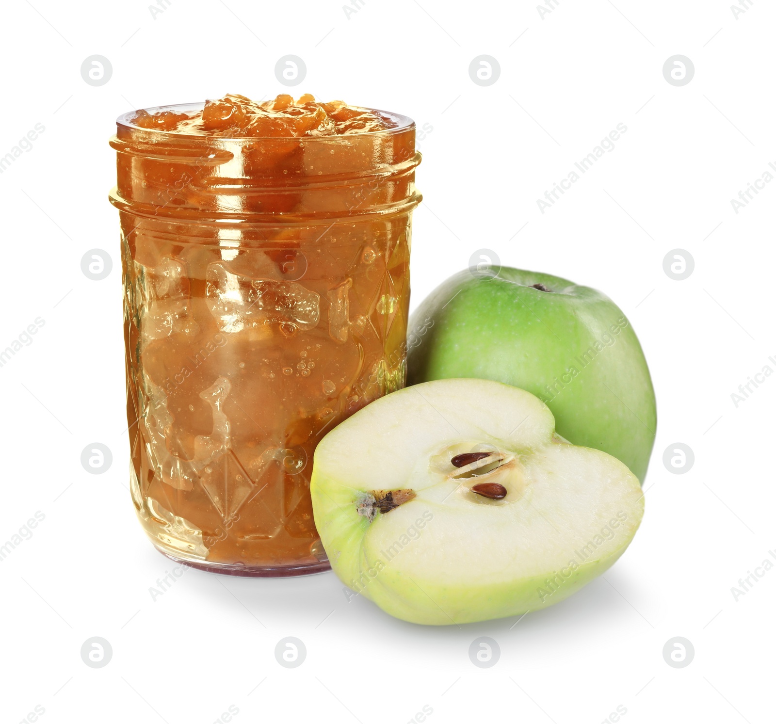 Photo of Glass jar of delicious apple jam and fresh fruits isolated on white