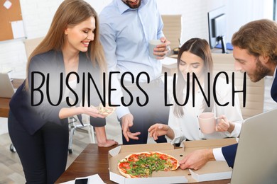 Image of Office employees eating at workplace. Business lunch