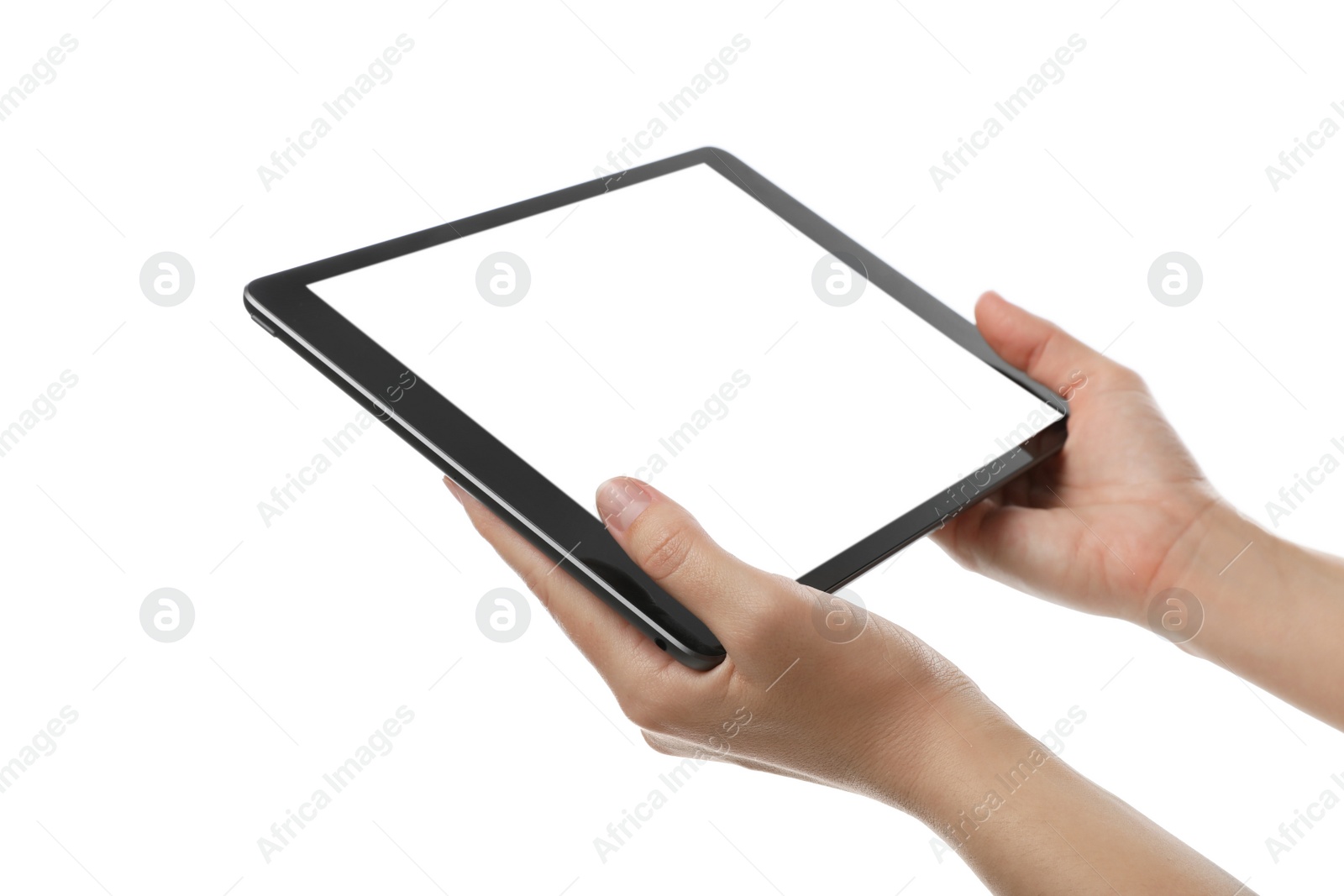 Photo of Woman holding tablet computer with blank screen on white background, closeup. Modern gadget