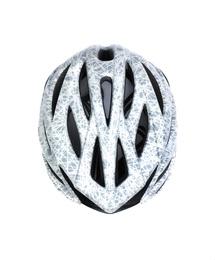 Modern bicycle helmet on white background, top view