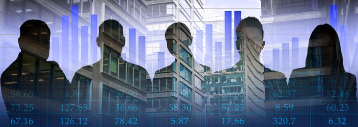 Multiple exposure with silhouettes of businesspeople, graphs, data and buildings, banner design