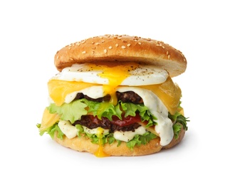 Photo of Tasty burger with fried egg on white background