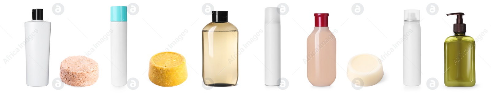 Image of Set with different kinds of shampoo: ordinary, dry and solid on white background. Banner design