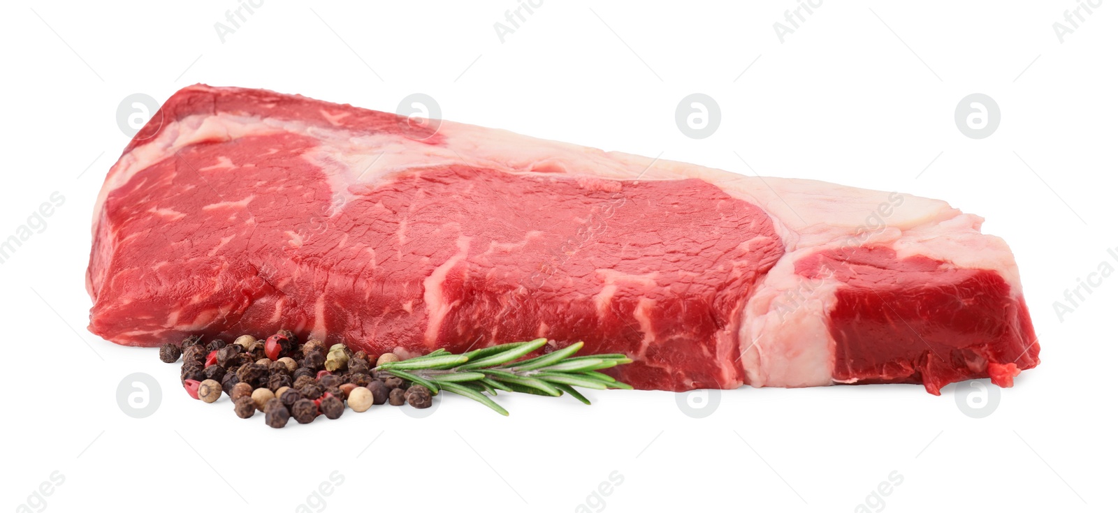 Photo of Piece of raw beef meat, rosemary and spices isolated on white