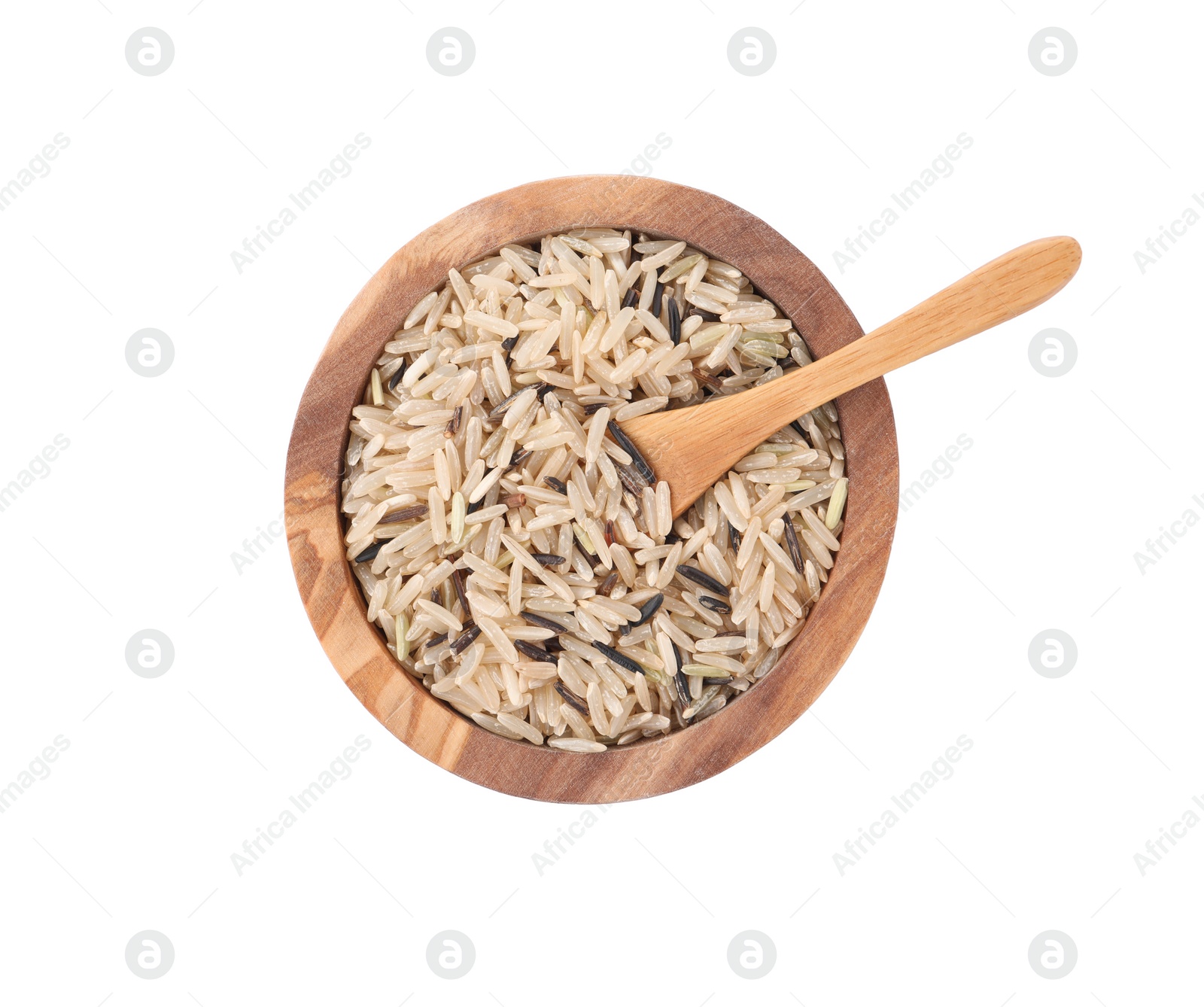 Photo of Raw unpolished rice in bowl isolated on white, top view