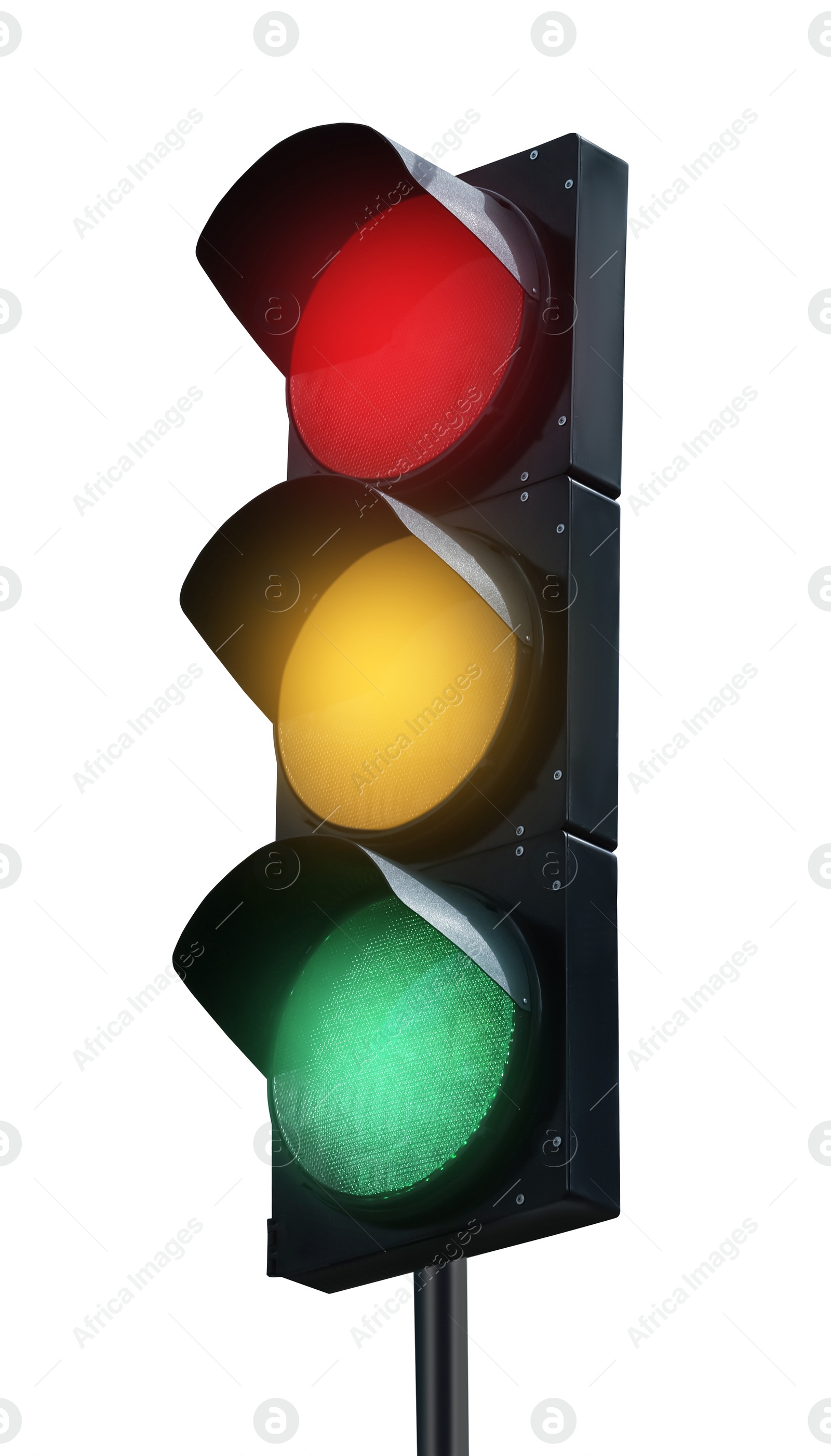 Image of Traffic signal with three lights isolated on white