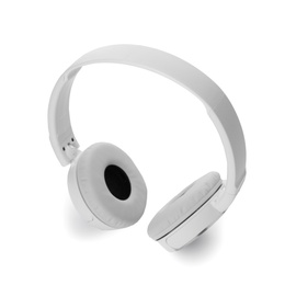 Stylish modern headphones with earmuffs on white background