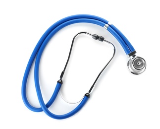 Photo of Stethoscope on white background, top view. Medical device