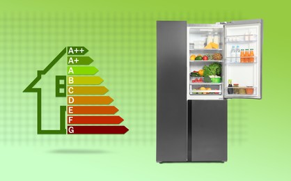 Image of Energy efficiency rating label and refrigerator on green background