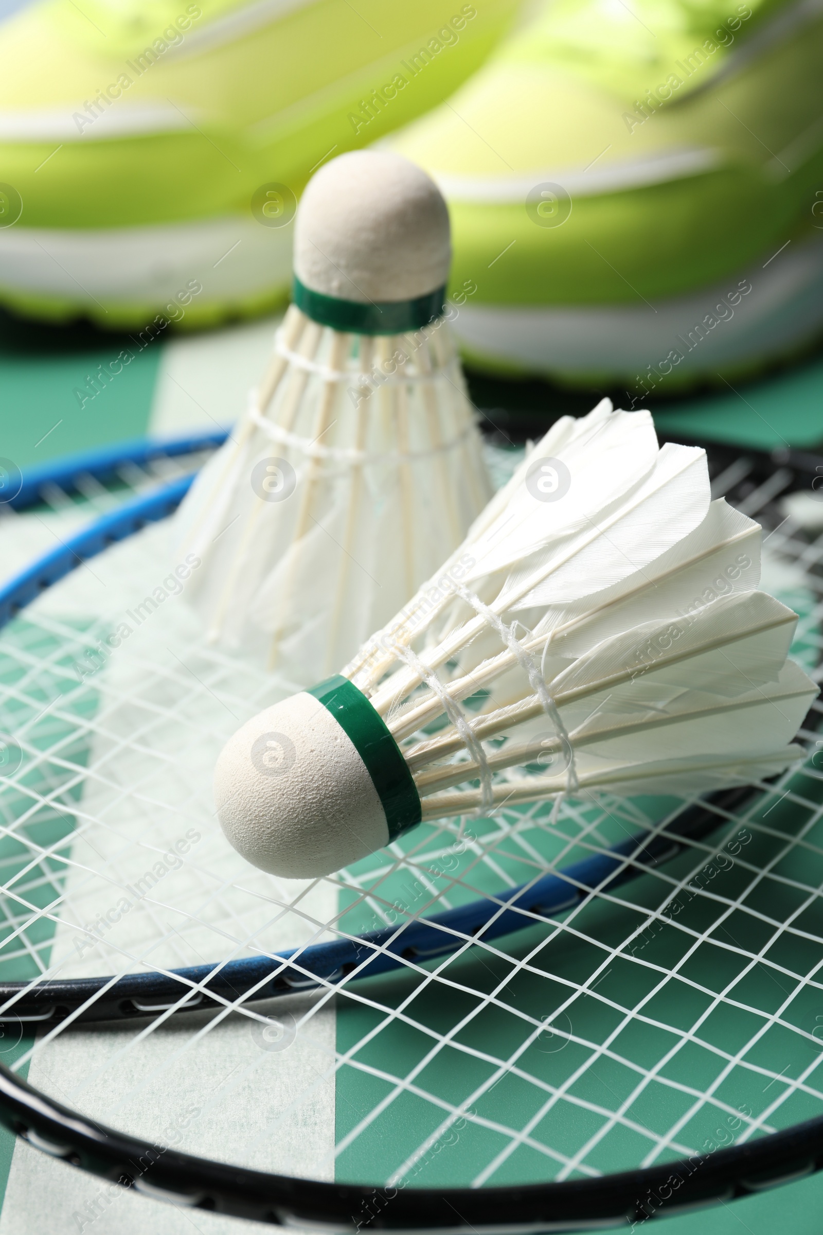 Photo of Feather badminton shuttlecocks and rackets on court, closeup