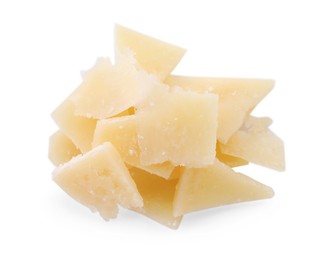 Photo of Pile of parmesan cheese pieces on white background, top view