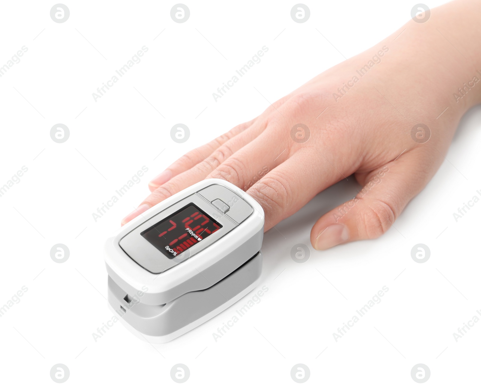 Photo of Woman using modern fingertip pulse oximeter on white background, closeup