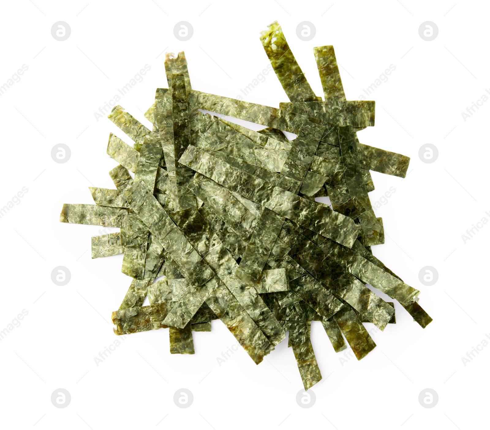 Photo of Pile of chopped crispy nori sheets on white background, top view