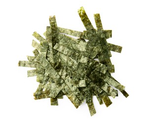 Pile of chopped crispy nori sheets on white background, top view