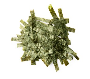 Photo of Pile of chopped crispy nori sheets on white background, top view