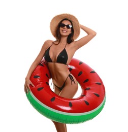 Beautiful woman in stylish bikini with inflatable ring on white background