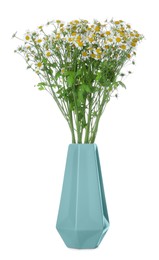 Photo of Turquoise vase with beautiful chamomile flowers isolated on white