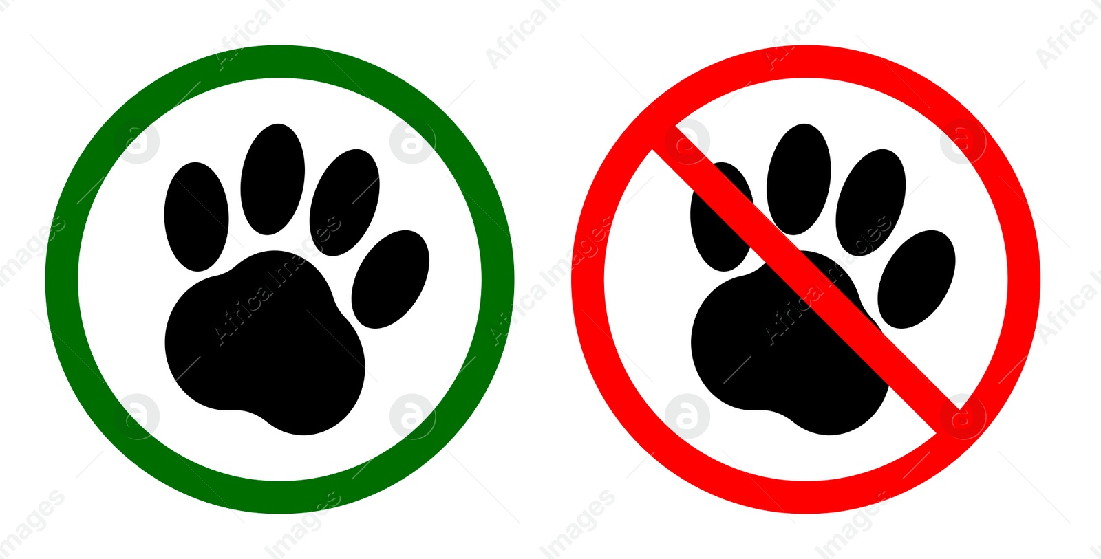 Illustration of Signs DOGS ZONE AND NO PETS ALLOWED on white background, collage. Illustration